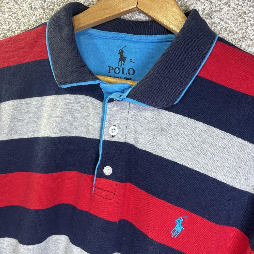 Polo Ralph Lauren Polo Shirt Mens XL Navy Red Gray Stripe Pony Logo Cotton Knit